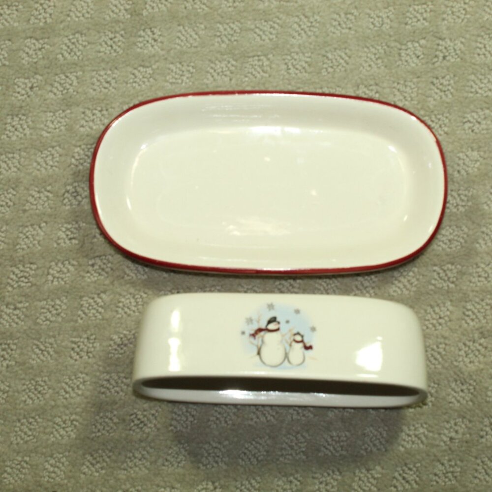 VTG 90s Royal Seasons Butter Dish Holiday Snowmen Christmas 2 Pc Stoneware